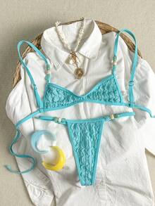 Swim SXY 夏季新款 2 件組豹紋肩帶露背上衣與丁字褲性感比基尼套裝 - 藍色 - 查看 6