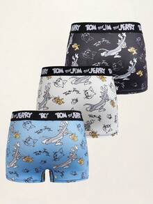 TOM & JERRY X SHEIN Men's Letter Print Colorblock Cartoon Print Casual Daily Boxer Briefs 3pcs/Pack - Blue and White - View 2