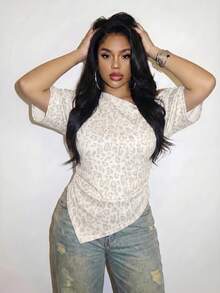 Slaydiva Plus Size Leopard Print Asymmetric T-Shirt - Multicolor - View 6