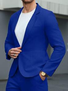 Manfinity Mode Men's Lapel Collar Casual Suit Set, Spring/Summer Formal, Ceremony - Royal Blue - View 6