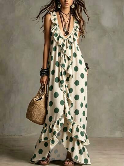 SHEIN Holidaya Fashionable Sexy Gentle Sexy Ruffle Hem Patchwork Asymmetrical Niche V-Neck Spring Summer Women's Dress, Women's Spring Summer Dress, Spring Clothing, Summer Outfit, Vacation, Outing, Y2K, Spring, Summer, Back To School, Casual, Beach, Business, Versatile, Sexy, Beach Vacation, Valentine's Day