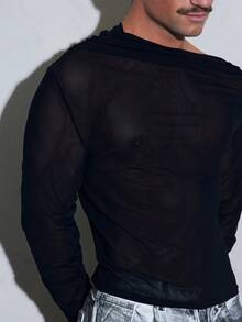 FeverCity Men's Mesh Sheer Casual Asymmetrical Long Sleeve Crew Neck T-Shirt - Black - View 5
