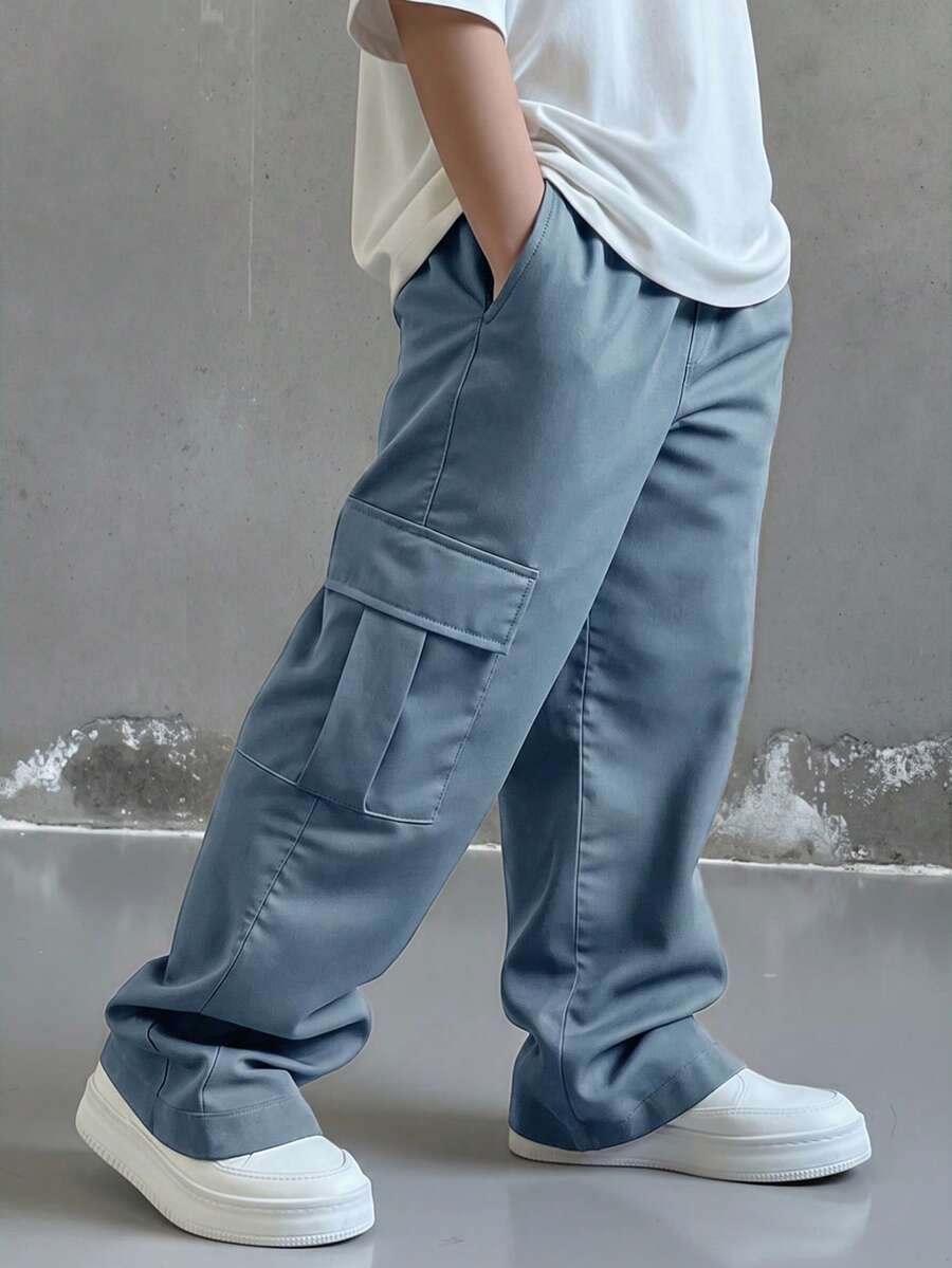 SHEIN Little Byeori 兒童青少年男孩休閒日常舒適工裝直筒寬鬆長褲,藍色工裝褲,新年,6-7歲適用,適合外出、約會、上學,春夏秋冬四季皆宜 - 藍色 - 查看 1