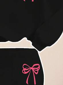 Tween女孩休閒極簡甜美可愛柔美風 粉色迷你蝴蝶結圖案、黑色圓領寬鬆衛衣 + 修身喇叭長褲休閒兩件套，適合秋冬新款，馬卡龍色系運動風，冬季套裝，日系少女風 - 白色 - 查看 4