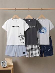 SHEIN 青少年男孩夏季簡約休閒短袖T恤與條紋短褲兩件套，寬鬆舒適居家睡衣，休閒學院風舒適時尚簡約實用百搭，柔軟面料適合日常穿著、上學、旅行、居家、度假 - 白色 - 查看 6