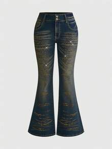 ROMWE Hippie Y2K Millennium Vintage Gold Rhinestone Ultra Low Waist Skinny Denim Jeans For Women - Medium Wash - View 1