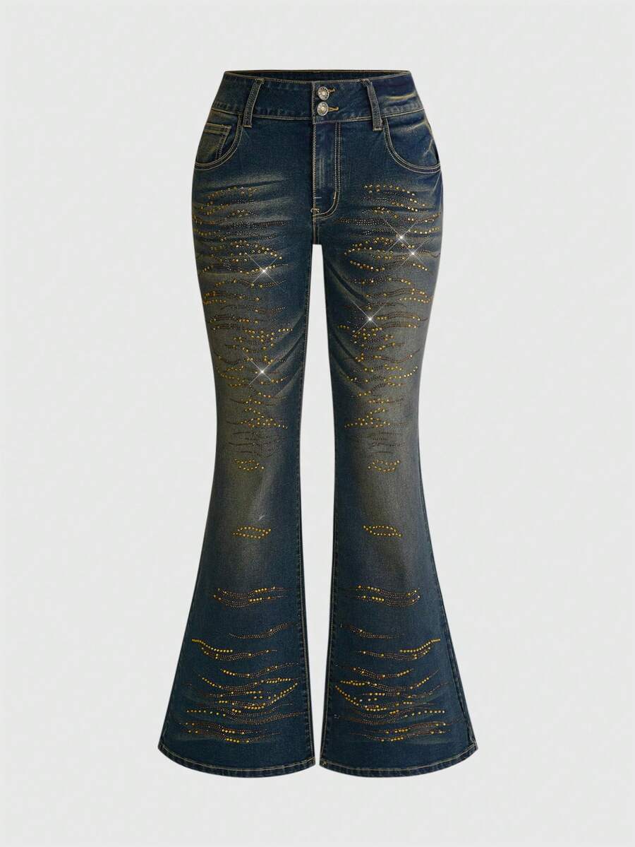 ROMWE Hippie Y2K Millennium Vintage Gold Rhinestone Ultra Low Waist Skinny Denim Jeans For Women - Medium Wash - View 1