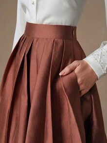 Anewsta Rok Puff Elegan Pinggang Tinggi, Maxi Gaya Istana untuk Wanita - Rust Brown - View 4