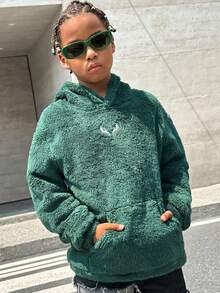 SHEIN 兒童男童休閒刺繡雙面刷毛連帽套頭針織衛衣 秋冬款 - 綠色 - 查看 10