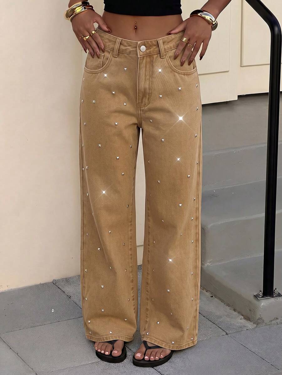 SHEIN EZwear Women's Casual Daily Denim Jeans With Pockets, Buttons And Rhinestones Fall Clothes - Brown - View 1