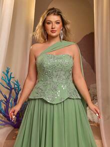 Glamrae Gaun Malam A-Line Berkerut Satu Bahu Berwarna Hijau Elegan, Glamor, dan Romantis Ukuran Plus, Cocok untuk Pesta Gala, Kencan, Pesta Dansa, Liburan, Pernikahan - Hijau - View 4