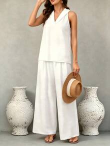 Hotletica V-Neck Halter Sleeveless Shirt Women, Summer Linen-Like Loose Camisole Top & Straight Loose Pants 2 Pieces Set - White - View 5
