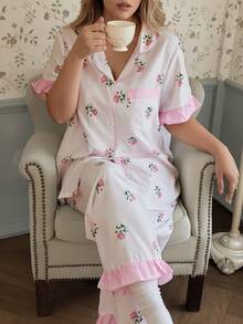 CottageSlumber Sweet Fresh Pink Ditsy Floral Plus Size Pajama Set, Ruffle Trim Cardigan 2 Pieces Loungewear - Pink - View 4
