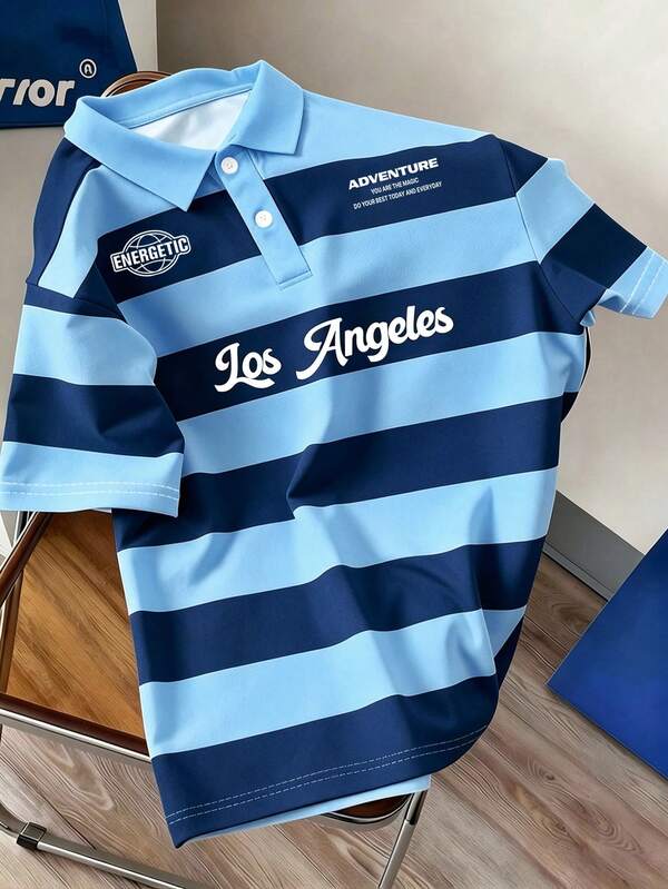 Manfinity Joysei Men's Summer Casual Colorblock Striped Polo Shirt