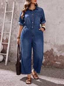 EMERY ROSE EMERY ROSE Plus Size Fashion Button Short Sleeve Pocket Denim Jumpsuit,Halloween Vacation Outfits Dates Vacation Blue Summer Normal Traditional - Blue - View 5