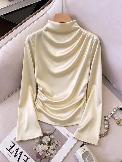 Muvela Women's Elegant Solid Color Stand Collar Ruched Waist Blouse
