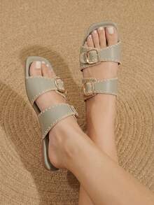 Styleloop Women Shoes Spring And Summer New Models, Multi-Color Embroidered Edge Square Toe Double Buckle With Flat Bottom Sandals, Retro Casual Style - Light green - View 10