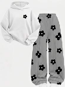 Vintage Black & White Contrast Striped Floral Print, Teen Girls Hooded Sweatshirt & Loose Straight Leg Sweatpants 2-Piece Set, Suitable For Daily Commute, Date, Party, Autumn/Winter/Spring/Summer, Beach, Graduation Ceremony, Fashion, Elegant, Casual, Outing, Appointment, Vacation, Y2K - Multicolor - View 4