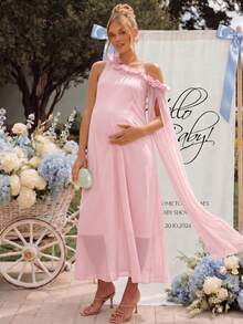 Loomaby Maternity Sweet Fashion Asymmetrical Shoulder Lace Patchwork Ribbon Dress Fall - Pink - View 5