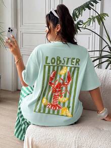 SHEIN EZwear 大尺碼女款字母與龍蝦圖案短袖上衣＋條紋長褲休閒日常兩件套 - 水鴨藍 - 查看 6