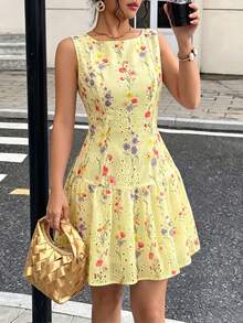 Flora Isola Flora Isola 女款夏季白色花卉印花鏤空刺繡無袖荷葉邊修飾A字短洋裝 - 淡黃色 - 查看 3
