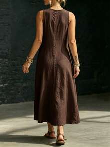 Linhara CURVE Plus-Size Women's V-Neck Sleeveless Long A-Line Dress Made Of 100 Cotton, Suitable For Holiday Casual, Bohemian, Daily Wear, Beach Formal Vacation - Brown - View 2