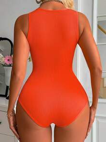 SHEIN 1pc Women's Solid Color Tank Style Bodysuit Shapewear - Orange - View 2