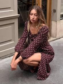 Serisse Women's Polka Dot Print Front Tie Long Sleeve Split Hem Elegant Midi Dress,Fall/Winter ,Formal ,Business ,Chic ,Back To School,Christmas,New Year , - Brown - View 8