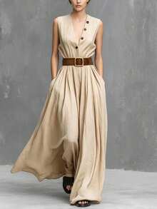 SHEIN Holidaya Women's Spring/Summer Commuter Elegant Tropical V-Neck Sleeveless Waist-Cinching Long Dress, Flattering Shoulder Neckline, Mature Style Beige Beach - Apricot - View 5