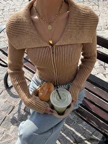 SHEIN EZwear Women's Solid Color V-Neck Ribbed Knit Zip-Up Cardigan In Fall/Winter - Camel - View 5