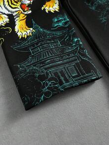 ROMWE MEN Street Life Y2K街頭復古虎紋印花長袖T恤 寬鬆版型 - 黑色 - 查看 7