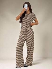 SHEIN PETITE 女款休閒條紋前開襟短袖上衣與寬腿褲兩件套，春夏休閒兩件套，舒適女款兩件套 - 摩卡棕 - 查看 3