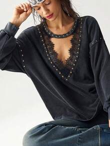 Bohemela Women's Fall Casual Black Washed Knit Long Sleeve Sweatshirt/Halloween/Back To School/Going Out/Y2K/Holiday - Black - View 9