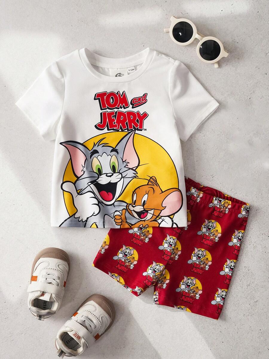 TOM & JERRY X SHEIN 女嬰字母印花圓領短袖休閒T恤與短褲休閒套裝 - 紅白色 - 查看 1