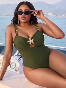 Swim Oasis Maillot de bain une pièce élégant grande taille pour femmes, vacances d'été à la plage, ensemble maillot de bain 2 pièces élégant pour femmes avec décoration perlée, bretelles doubles, contrôle du ventre, maillot de bain une pièce amincissant + jupe fendue polyvalente, maillot de bain marron, maillot de bain étoile de mer pour les vacances - Militaire verte - Voir 3