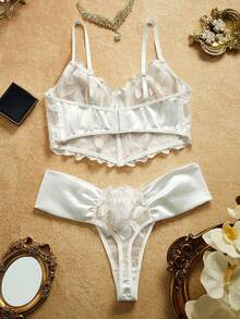 PinupPomp 2pcs Bridal Lingerie Set: Silver-White Lace Satin Fabric + Bustier Top With Underwire Support + Low-Rise Ruched Panty Wedding - Multicolor - View 2