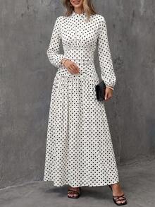 SHEIN Holidaya French Vintage Elegant White And Black Polka Dot Mock Neck Long Sleeve Dress For Women Cinched Waist Ruched Petal Sleeve Full Skirt Tea Brunch Fall - Apricot - View 2