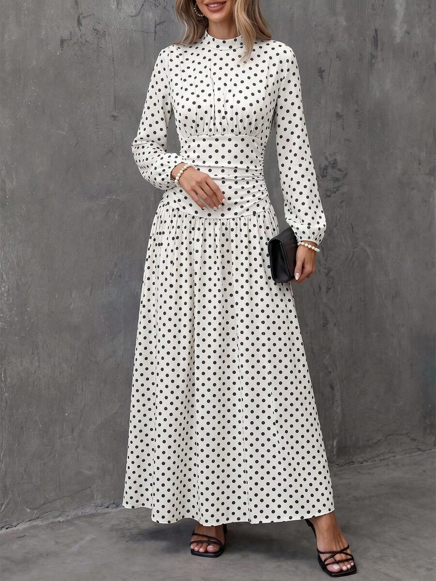 SHEIN Holidaya French Vintage Elegant White And Black Polka Dot Mock Neck Long Sleeve Dress For Women Cinched Waist Ruched Petal Sleeve Full Skirt Tea Brunch Fall