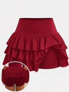 SHEIN Girlism 青少年女孩休閒運動學院風返校穿搭 酒紅色內建內搭褲雙層荷葉邊蛋糕迷你裙 Spsurprise Box [隨機5款，發送1套] - 酒紅色 - 查看 6