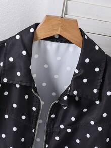 SHEIN 女童休閒時尚運動梭織波點布料夾克，彈性下擺、牛津布飾邊、可調式袖口、寬鬆版型，舒適春季外套 - 黑色 - 查看 5