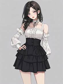 FRIFUL Rok Ruffle Berlapis Pinggang Tinggi Wanita yang Mempesona, Atasan Lucu Serbaguna - Hitam - View 5