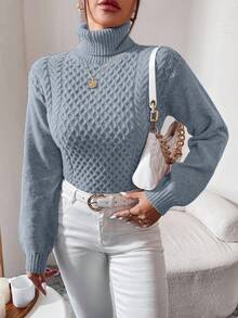 EURMUSE Women's High Neck Cable Flower Pattern Sweater Pullover For Autumn/Winter - Baby Blue - View 5