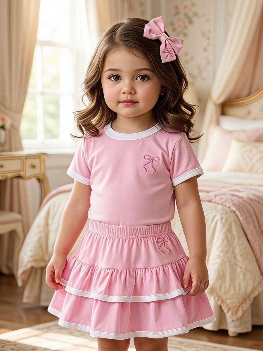 Souflis Souflis Baby Girl Bow Embroidery Round Neck Short Sleeve T-Shirt And Ruffle Hem Skirt Set - Pink - View 1