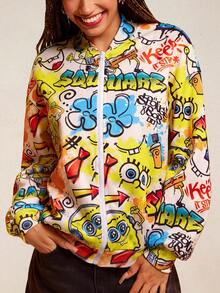 SpongeBob SquarePants | SHEIN Women's Cartoon Pattern Zip-Up Casual Long Sleeve Jacket - Yellow - View 1
