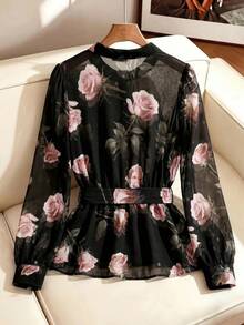 SHEIN Clasi 女款優雅通勤花卉印花襯衫附腰帶 - 彩色 - 查看 3