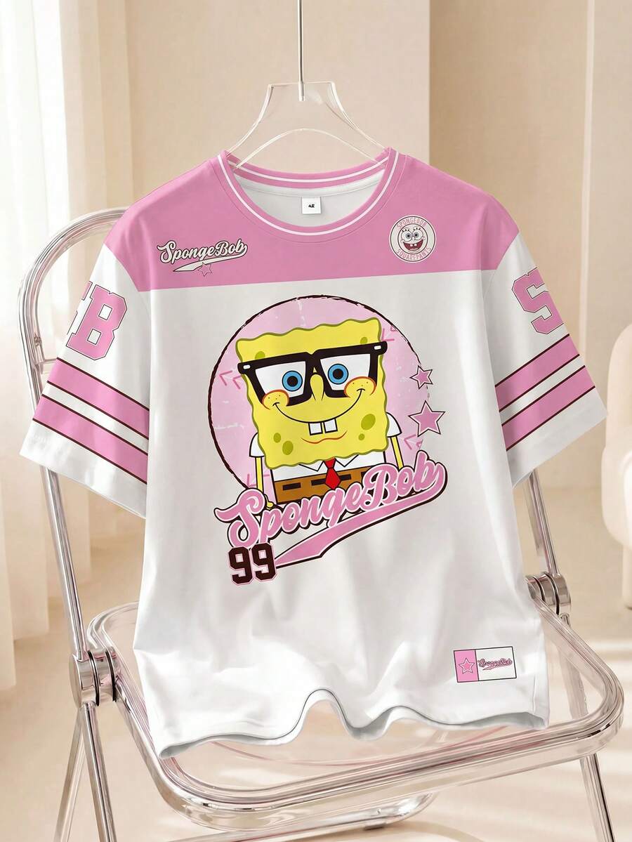 SpongeBob SquarePants | SHEIN 女士撞色短袖圆领夏季时尚印花休闲T恤 - 白色 - 查看 1