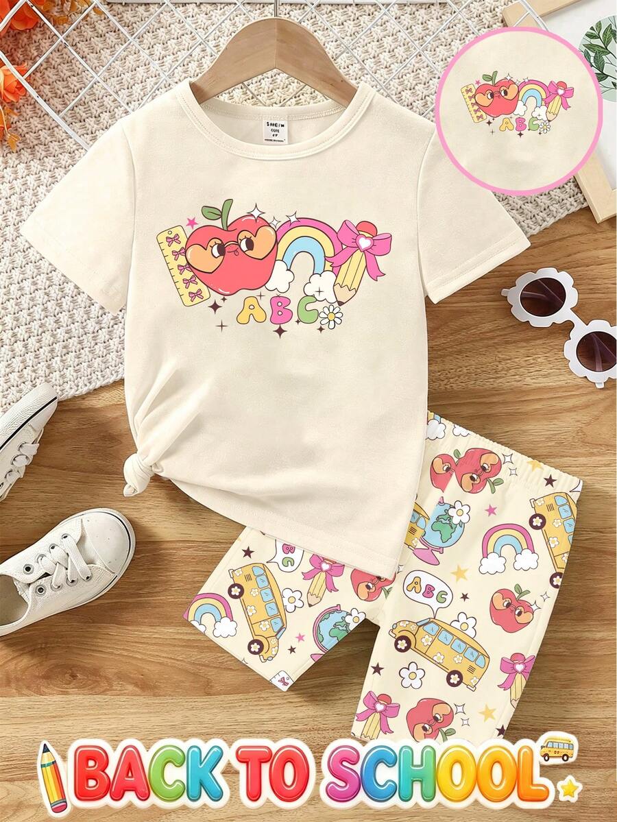 返校季女童幼兒創意卡通鉛筆蘋果彩虹ABC字母印花基本款短袖T恤與單車褲套裝 - 彩色 - 查看 1