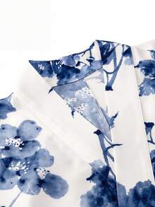 Irokai 日式傳統夏季女款兩件式浴衣和服，水墨印花，白色，度假風，傳統文化風格（不含腰帶） - 藍色 - 查看 3