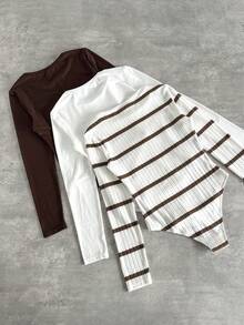 SHEIN 青少年女孩黑白棕三色連身衣套裝，鈕扣可拆卸休閒百搭三件套 - 彩色 - 查看 2