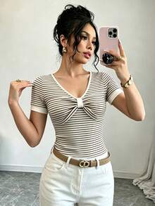 SHEIN PariChic 女款 V 領米色格紋蝴蝶結設計修身上衣 早午餐夏季休閒 - 彩色 - 查看 6